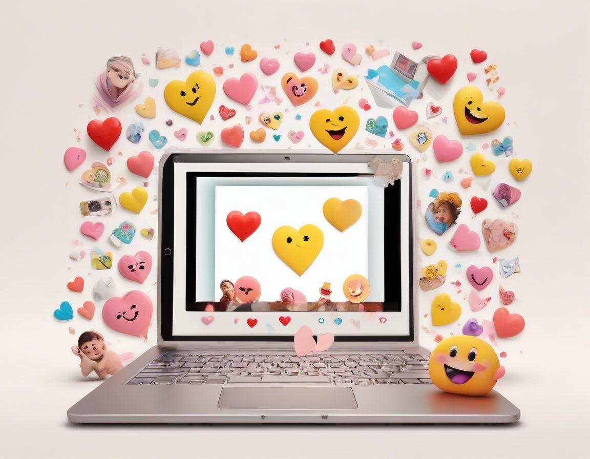 A whimsical collage of diverse people enjoying humorous and romantic video clips on various devices, such as smartphones and laptops. Include vibrant expressions of laughter and affection, surrounded by playful symbols like hearts and laughter emojis. Create a warm, inviting atmosphere with soft pastel colors and a hint of playful animation. super-realistic. vibrant colors. white background.