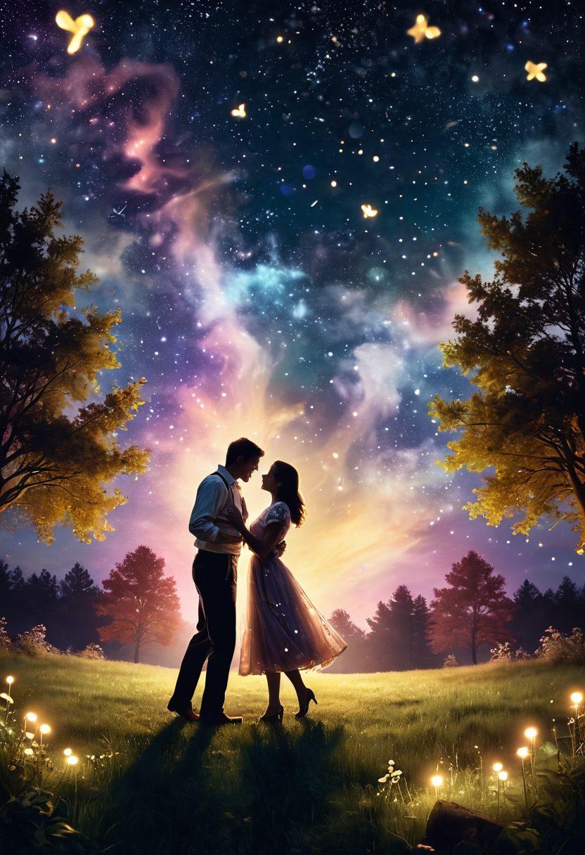 A whimsical scene depicting a lively couple dancing under a starlit sky, surrounded by floating hearts and glowing fireflies. Their expressions reflect joy and affection, with soft colors creating a dreamy atmosphere. A vintage film projector casts romantic video clips of love stories in the background. The overall mood is enchanting and uplifting. vibrant colors. dreamy style.